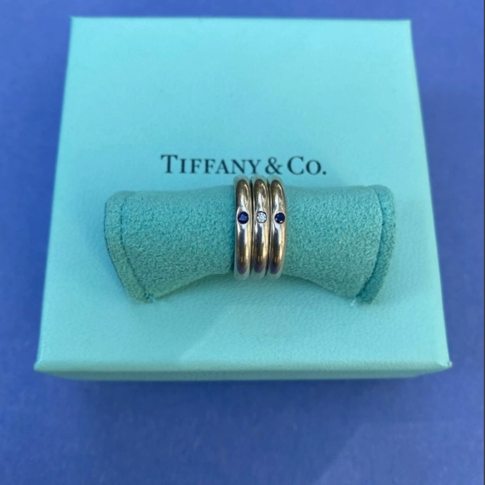 3 Tiffany & Co. Sterling Silver 925 Stacking Rings Sapphire & Diamond size 3 3/4